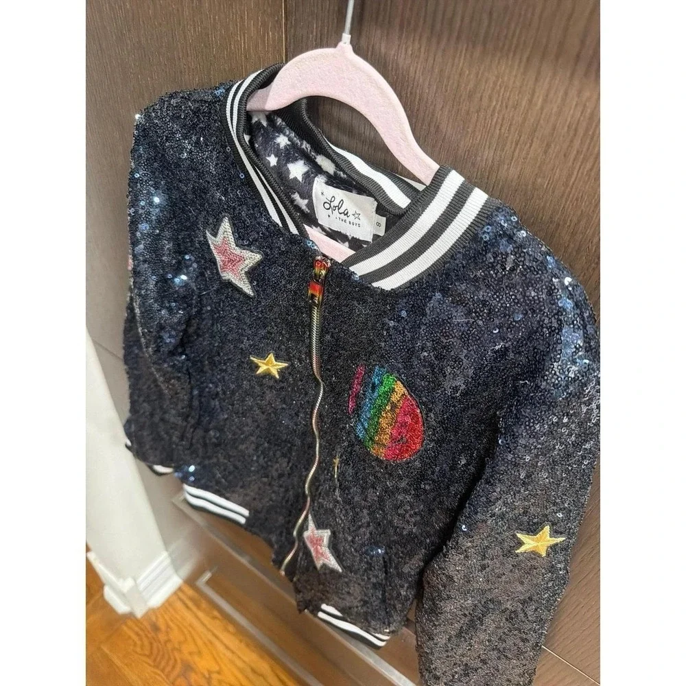 Lola + The Boys is a sequined bomber style black base smiley face girls 8